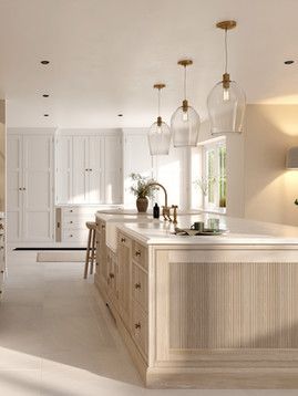 Adding reeded oak panels into a bespoke kitchen design at Holly Oak House. Oak Kitchen Islands, Reed Glass Kitchen Cabinets, Reeded Wood Kitchen Island, Kitchen Island Side Panel Ideas, Reeded Kitchen Cabinets, Reeded Kitchen Island, Oak Island Kitchen, Cerused Oak Kitchen, Reeded Cabinets