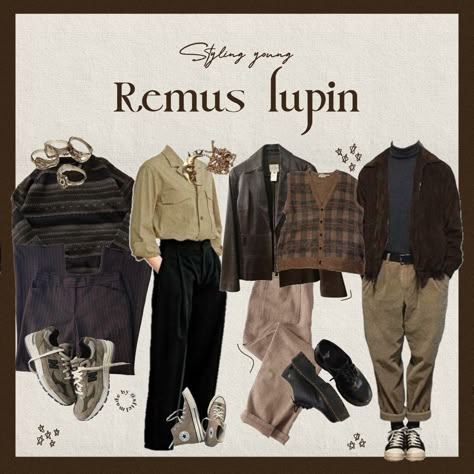 Bookish Outfits Men, Remus Lupin Clothing Aesthetic, Female Remus Lupin Outfit, Marauders Style Outfits, Remus Lupin Lookbook, 80s British Fashion, Remus Lupin Summer Outfit, Marauders Outfit Ideas, Marauders Inspired Outfits