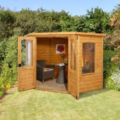 Forest Garden FSC Cranbourne Corner Summerhouse 7x7 on Sale She Shed Exterior, Shed Exterior, Corner Sheds, Corner Seating, Craft Shed, Summer House Garden, Diy Shed Plans, Wooden Sheds, Bike Shed