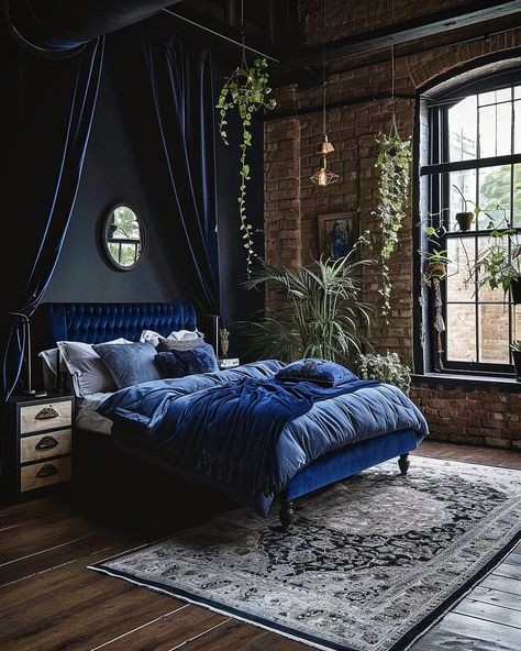 Tour through a Blue Brick House 🏡🔵🧱📚🌿 . Conjured from imagination using a blend of Midjourney AI, Photoshop and Topaz 🧙‍♂️🪄 . Please be sur… | Instagram Blue Fantasy Bedroom, Blue Brick House, Dark Moody Bedroom Ideas, Boho Style Bedroom Decor, Dark Moody Bedroom, Creative Bedroom Decor, Brick Bedroom, Moody Bedroom Ideas, Next Bedroom