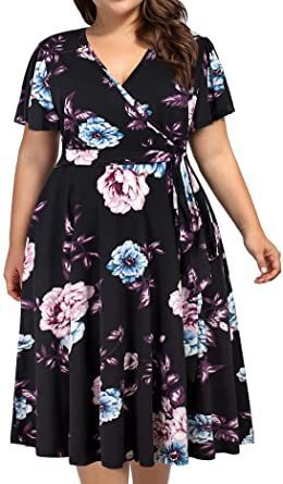 kissmay Plus Size Womens V Neck Floral Cocktail Party Midi Dresses with Pocket Baylage Black, Heels Quinceanera, Cornbeef Cabbage, Nails Quince, Chambelanes Outfits, Quince Crowns, Heels Trendy, Kitenge Dress, Dresses Quince