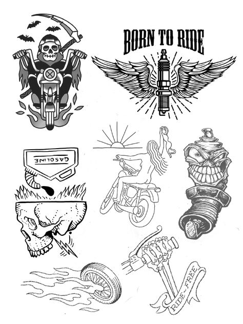 Tattoo For Bikers Men, Motorcycle Related Tattoos, Motorcycle Flash Tattoo, Rider Tattoo Motorcycles, Simple Motorcycle Tattoo, Moped Tattoo, Biker Tattoo Flash, Moto Tattoo Ideas, Motorcycle Tattoo Ideas