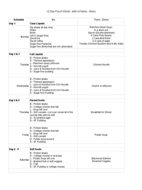 10 Day Pouch Reset - With A Family | PDF | Soup | Eating Behaviors Of Humans Reset Gastric Bypass Pouch, Vsg Pouch Reset, 10 Day Pouch Reset For Sleeve, Bariatric Clean Eating, Pouch Reset Diet Bariatric Eating, Bariatric Liquid Diet Schedule, Gastric Bypass Pouch Reset Diet, Easy Liquid Diet, Sleeve Pouch Reset Diet