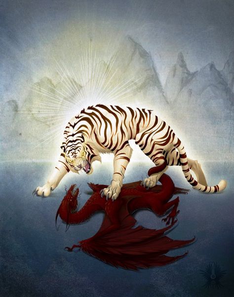 . White Tiger Chinese Mythology, Tiger Fantasy Mythical Creatures, Mythical White Tiger, Giant Tiger Fantasy Art, Mystical Tiger, Vermilion Bird, Chinese Mythology, Mythical Creatures, Dog Cat