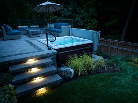 Transforming a Slippery Slope into an Enchanting Patio and Hot Tub Haven Hot Tub With Retaining Wall, Hot Tub Sunk In Deck, Hot Tubs Built Into Decks, Sunken Hot Tub Ideas, Outdoor In Ground Hot Tub, Backyard Patio Hot Tub Ideas, Sunken Hot Tub Deck Ideas, Deck With Hot Tub Ideas, Above Ground Hot Tub Landscaping