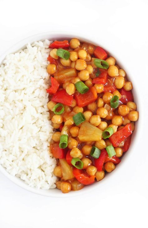 Sweet and Sour Chickpeas (Vegan, Gluten-Free) | Strength and Sunshine | Sweet and Sour Chickpeas is an easy vegan recipe for your favorite Chinese takeout! Gluten-free, allergy-free, and made without chicken! This quick weeknight meal is made in one pot with a simple sticky, sweet, and tangy sauce, tossed with chickpeas and veggies! It's a healthier way to enjoy sweet and sour without any deep-frying! Sweet And Sour Chickpeas, Sweet And Sour Soup, Chinese Takeout, Sour Soup, Deep Frying, Quick Weeknight Meals, Vegan Recipe, Sweet And Sour, Allergy Free