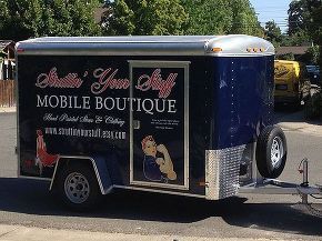 creating a mobile boutique out of a 6x10 cargo trailer, diy, flooring, how to, tile flooring Mobile Boutique Ideas, Mobile Boutiques, Mobile Fashion Truck, Dream Boutique, Cargo Trailer Conversion, Fashion Truck, Enclosed Trailers, Mobile Store, Small Trailer