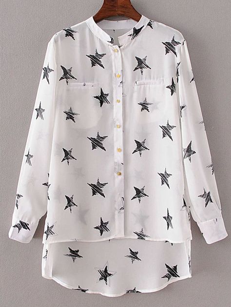 Shop White Stand Collar Stars Print Dip Hem Blouse online. SheIn offers White Stand Collar Stars Print Dip Hem Blouse & more to fit your fashionable needs. Dip Hem Shirts, Blouse Outfit Casual, Dip Hem Blouse, Stylish Short Dresses, Fashion Tops Blouse, Hem Blouse, Stylish Dresses For Girls, Stylish Dress Designs, Women Blouses