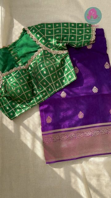 Combination For Purple Color, Saree Blouse Combination Color Combos, Bandini Blouse Designs Latest, Green Color Blouse Designs Latest, Pattu Sari Blouse Designs Latest, Kalamkari Blouse Designs Latest, Saree Blouse Combination, Pattern Blouse Designs, Ruffle Blouse Designs