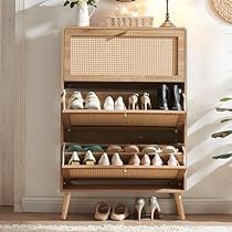 Shoe Rack With Drawers, Hidden Shoe Rack, Shoe Rack Drawer, Rattan Shoe Cabinet, Living Room Natural, Rattan Design, Shoe Rack Entryway, Entryway Shoe Storage, Entryway Shoe