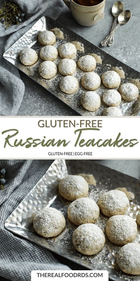 Gluten-Free Russian Tea Cakes | gluten-free dessert | healthy russian tea cake recipe | healthy cookie recipe | gluten-free tea cake | healthy snack recipe || The Real Food Dietitians #glutenfree #glutenfreecookies Gluten Free Russian Tea Cookies, Gluten Free Russian Recipes, Gluten Free Sweet Treats, Party Food Gluten Free, Russian Tea Cakes Recipe, Russian Teacakes, Russian Tea Cakes, Food Gluten Free, Gluten Free Desserts Healthy