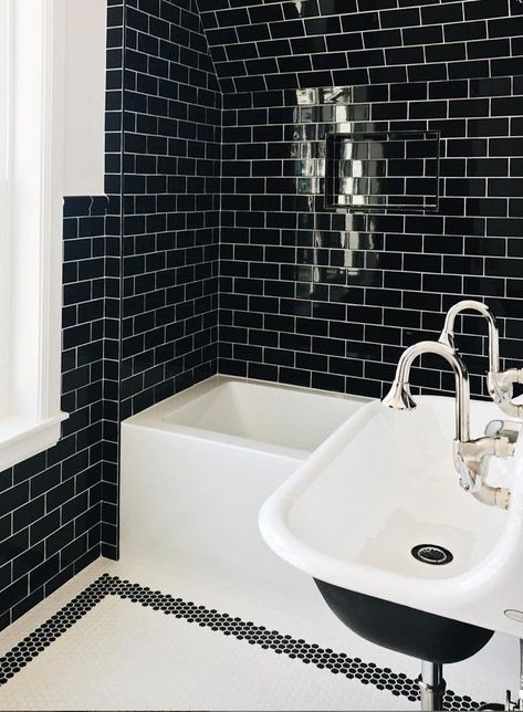 Love the look of subway tile, but not sure how to make it work in a small bathroom? Scroll on for eight novel ideas. #hunkerhome #subwaytile #subwaytileideas #smallbathroom #smallbathroomideas Grey Bathroom Wall Tiles, Diy Deck Decor, White Tile Bathroom Walls, White Subway Tile Bathroom, Small Downstairs Toilet, Black Subway Tiles, Deck Railing Ideas, Distressed Wood Wall, Black White Bathrooms