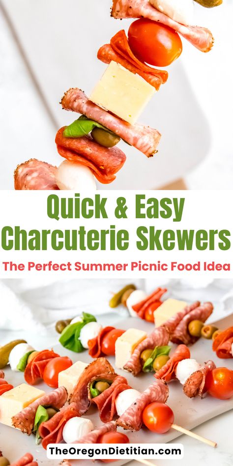 These quick and easy Charcuterie Skewers are a must try summer recipe. They make the perfect picnic food idea makes a delicious summer appetizer that's simple to assemble and full of flavor. With a combination of meats, cheeses, and veggies, these skewers are a hit at any outdoor gathering. Impress your guests with this effortless and tasty recipe that’s ideal for sunny days in the park or backyard get-togethers! #picnicfoodideas #summerappetizer Picnic Skewers, Charcuterie Skewers, Picnic Appetizers, Summer Party Appetizers, Perfect Picnic Food, Easy Charcuterie, Summer Picnic Food, Skewer Appetizers, Veggie Skewers