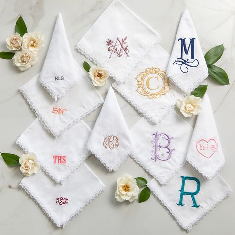 Monogrammed Handkerchief, Bride Handkerchief, Handkerchief Embroidery, Practical Wedding Favors, Monogrammed Handkerchiefs, Personalized Handkerchiefs, Clothes Embroidery, Ladies Handkerchiefs, Table Clothes