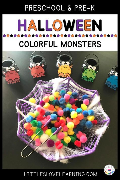 Halloween Activities for Preschool, Pre-K, & Kindergarten: This post includes 40+ of the BEST Halloween activities and centers for your early childhood classroom or homeschool. Ideas include literacy, math, fine motor, gross motor, sensory bins, sensory bag, art, and STEM. Your little learners will LOVE this unit if they love bats, witches, ghosts, and more! Add these ideas to your lesson plans and have fun learning this Halloween! #preschool #prek #kindergarten Preschool Art Activities Halloween, Kindergarten Classroom Halloween Party Ideas, Spiders Sensory Bin, Prek September Activities, Pre K October Crafts, Pre K Halloween Party Ideas, October Preschool Curriculum, Monster Theme Preschool, Simple Preschool Halloween Crafts