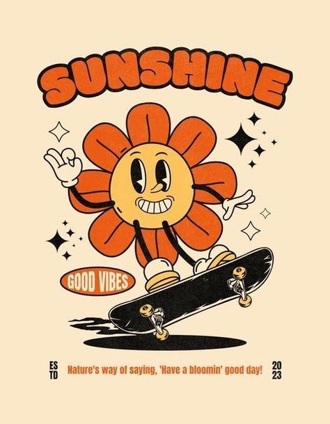 Cartoon Design Tshirt, Groovy Tshirt Design, Party Character Design, Graphic Design Cartoon, Sunflowers Illustration, Clothing Graphic Design, Groovy Cartoon, Skateboard Vector, Sunflower T Shirt