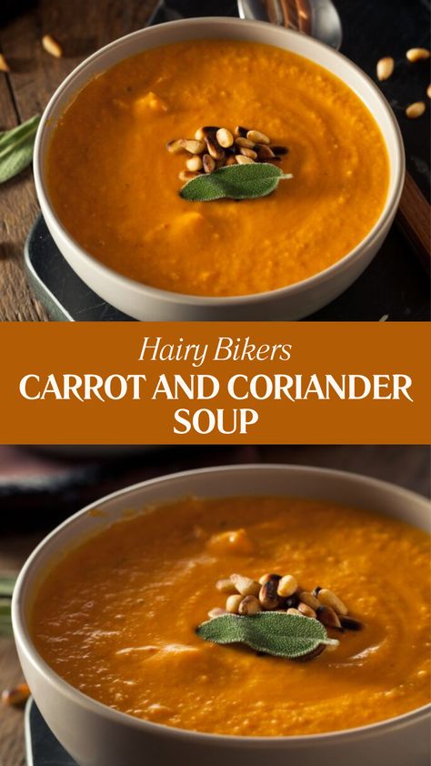 Hairy Bikers Carrot And Coriander Soup Carrot Cumin Soup, Carrot Coriander Soup Recipe, Carrot Coriander Soup, Carrot And Coriander Soup Recipe, Carrot Stew, Coriander Recipes, Carrot And Coriander Soup, Hamburger Vegetable Soup, Coriander Soup