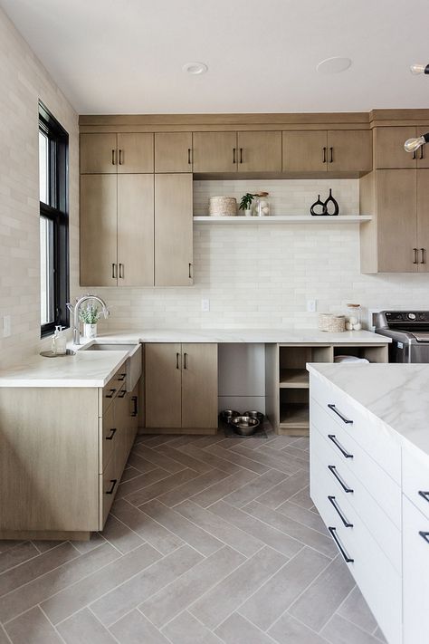 Neutral Laundry Room, White Oak Cabinet, White Oak Kitchen Cabinets, Room Tiles Floor, Herringbone Laminate Flooring, Transitional Laundry Room, Laundry Room Paint Color, Laundry Room Tile, Herringbone Tile Floors