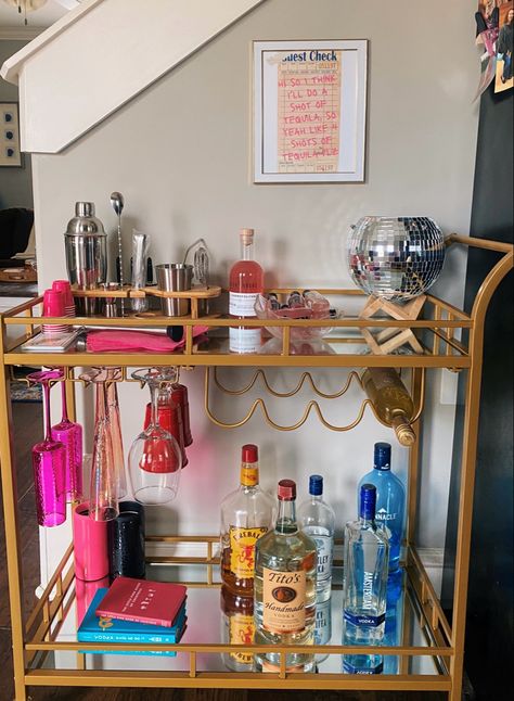 bar cart decor storefront linked!!

 #barcart #bar #discoball #disco #pink #roomdecor #decor #hotpink #discoera #maximalist #discoballdecor #retro #college #collegedecor #collegeapartment #preppy Shot Glasses On Bar Cart, Girly Home Bar, Bar Cart Eclectic, Bar Cart Inspo Vintage, Bar Cart Colorful, Bar Cart Inspo College, Disco Ball Bar Cart, Trendy Bar Cart, Disco Bar Cart