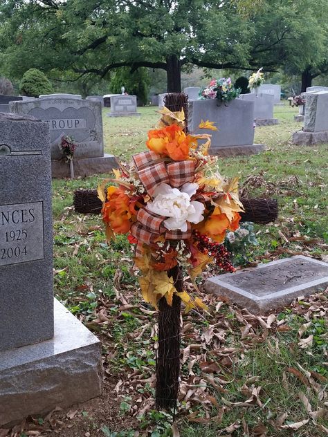 Fall cross for my grandparents Thanksgiving Grave Decorations, Fall Cemetery Decorations, Cemetery Flowers Grave Decorations Fall, Fall Flower Arrangements For Grave, Fall Grave Decorations Cemetery, Fall Grave Arrangements, Fall Cemetary Flower Arrangements, Grave Decorations Diy, Gravesite Decorations Diy