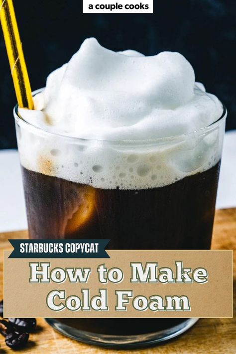 Here's how to make cold foam: a DIY Starbucks recipe for this frothy topping fit for iced coffee and cold brew! #coldfoam #starbuckscoldfoam #howtomakecoldfoam #coldfoamrecipe Peppermint Cold Foam Recipe, Cold Foam Recipe Without Heavy Cream, Making Cold Foam At Home, How To Make Soft Top For Coffee, Sweet Cold Foam How To Make, How To Make Cold Foam For Coffee, Coffee Foam Recipe, How To Make Cold Foam, Starbucks Cold Foam Recipe