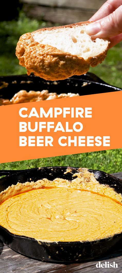 Buffalo Beer Cheese Dip Is Our Favorite Thing To Make Over CampfireDelish Buffalo Beer Cheese Dip, Camping Cheese Dip, Campfire Dips, Campfire Appetizers, Beer Cheese Recipe, Healthy Camping Food, Beer Cheese Dip, Bears Game, Thing To Make