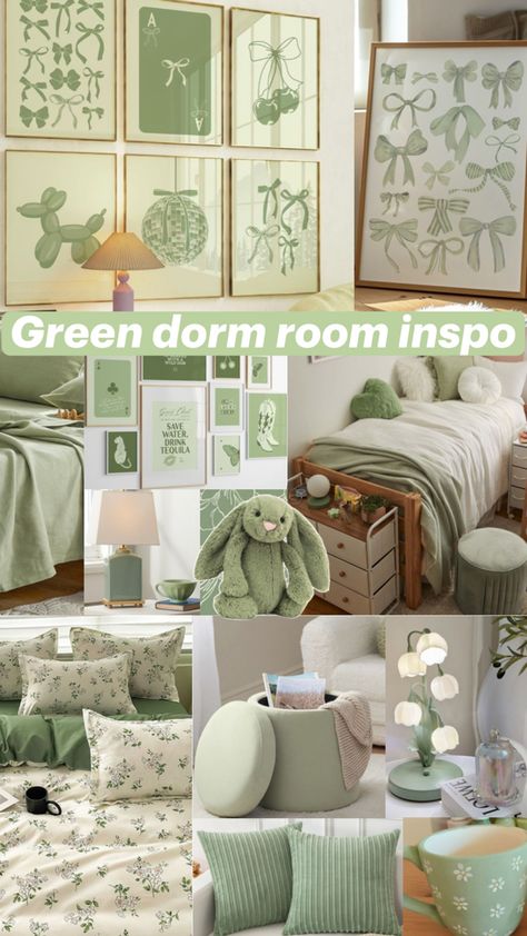 Green Dorm Decor, University Room Decoration, Green Dorm Room, Green Room Ideas Bedroom, University Room, Dorm Decor Ideas, Uni Bedroom, Dorm Room Inspo, University Rooms