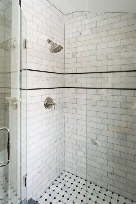 Function meets beauty in a 1920s Tudor home Subway Tile With Marble Accent, Subway Tile Shower With Pencil Trim, Black And White Basketweave Tile Bathroom, Shower Tile With Accent Strip, Striped Shower Tile, Marble Subway Tile Bathroom, Marble Shower Floor, Basketweave Tile Bathroom, 1920s Tudor