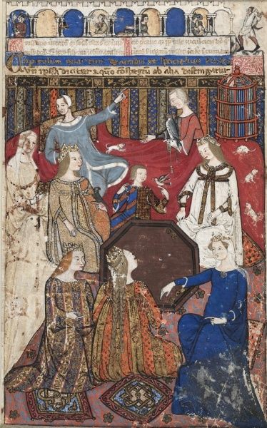 Leaf from a Cocharelli Treatise on the Vices: Accidia and Her Court, c. 1330  attributed to Cybo, Monk of Hyeres (Italian) 14th Century Clothing, Medieval Artwork, Medieval Life, Medieval Costume, Cleveland Museum Of Art, Medieval Manuscript, Medieval Period, Medieval Dress, Medieval Clothing