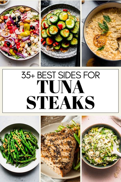 Wondering what to serve with tuna steaks for dinner? I've got you covered with this handy guide. Here's 35+ of the best sides, from salads, vegetables, grains and more! Ahi Tuna Pasta, What To Eat With Tuna Steaks, Seared Ahi Tuna Sides, Healthy Tuna Steak Dinner Recipes, Ahi Tuna Sides, What To Serve With Ahi Tuna Steaks, Sides For Seared Ahi Tuna, Seared Tuna Side Dishes, Fresh Tuna Recipes For Dinner