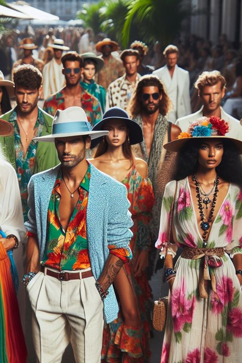 Fashion models wearing colorful, tropical-themed outfits and hats walk down a runway lined with palm trees. Tropical Chic Outfit, Fall Wedding Attire, Miami Nights, Miami Night, Tropical Outfit, Jumpsuit Chic, Tropical Dress, Summer Soiree, Bold Patterns