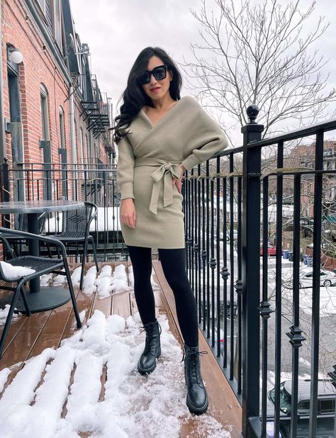 Sweater Dress Leggings Boots, Wrap Dress Outfit Winter, Dress And Combat Boots Outfit, Wrap Dress Outfit, Sweater Dress Petite, Combat Boot Outfits, Combat Boot Outfit, Lulu Outfits, Wrap Sweater Dress