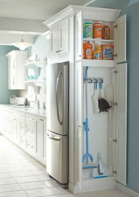 Add a cabinet to any dead space in your kitchen or laundry room for cleaning supplies. Slim Bathroom, Kitchens Ideas, Laundry Design, White Kitchens, Homemade Cleaning, Toilet Design, Kraf Diy, Cabinets Organization, Farmhouse Sink