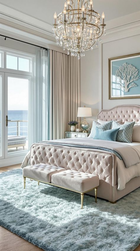 Coastal Master Bedroom Classy Beach Bedroom, Coastal Glam Bedroom, Coastal Glam Decor, Bedroom Accents, Coastal Glam, Velvet Bench, Beach Bedroom, Coastal Retreat, Coastal Bedroom