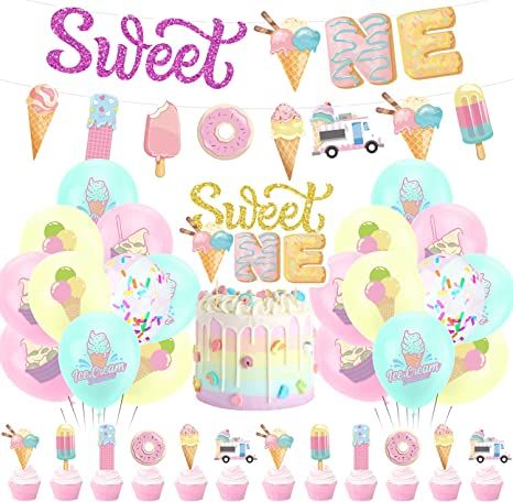 Sweet One Birthday Party Decorations, Ice Cream Birthday Party Decorations Include Sweet One Banner, Donut and Ice Cream Banner,Cake Topper and Balloons, Ice Cream/Donut One Year Old Birthday Party Supplies Girl Sweet Candy Birthday Party, Four Ever Sweet, Donut Birthday Party Decorations, Ice Cream Donut, Donut Theme Party, Cream Donut, Donut Ice Cream, Birthday Donuts, Donut Birthday Parties