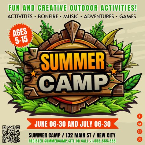 Summer Camp Banner Summer Camp Banner, Kids Activities Summer, Camp Banner, Summer Camp For Kids, Camp Flyer, Scout Camp, Girl Scout Camping, Kindle Book Cover, Instagram Template Free