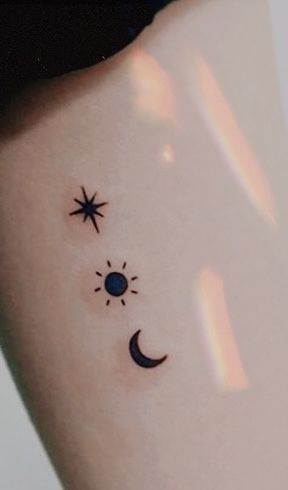 Sun Moon Star Lightning Tattoo, Sun Moon Star Cloud Tattoo, Star And Sun Tattoos, Sun Moon Star Tattoo, Small Coverup Tattoo Ideas, Sun Moon Stars Tattoo, Back Ear Tattoo, Rising Sun Tattoos, Moon Star Tattoo