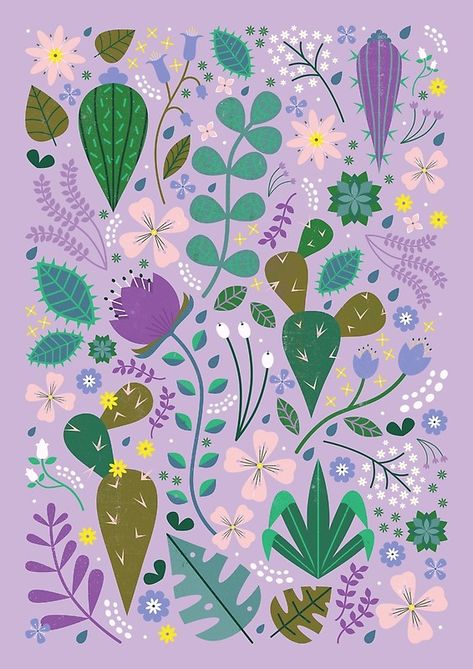 Carly Watts, Plants Cactus, Posca Art, Scandinavian Folk Art, Cactus Flowers, Purple Background, Arte Floral, Cute Backgrounds, Pattern Illustration