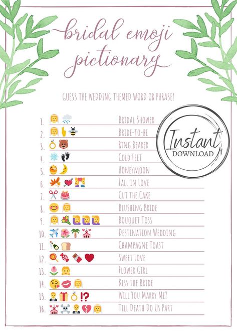 Bridal Shower Games Printable Emoji Game Emoji Pictionary | Etsy Bridal Pictionary Game, Emoji Pictionary Bridal Shower Game, Wedding Emoji Pictionary, Bridal Emoji Pictionary Answers, Bridal Shower Emoji Game Free Printable, Bridal Shower Emoji Pictionary, Wedding Emoji Game, Bridal Emoji Game, Bridal Shower Game Printables