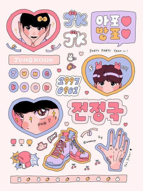 2022 Sticker, Stickers Kpop, 동화 삽화, Scrapbook Stickers Printable, Kpop Drawings, Arte Sketchbook, Art Cute, Bts Drawings, Kawaii Stickers