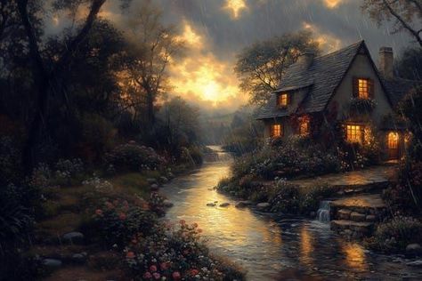 Enchanting Canvas Print of a Cozy Cottage Landscape Inspired by Thomas Kinkade Rainy Evening Home Decor by CustomCanvasCurators Step into the serene world of Thomas Kinkade with our captivating canvas artwork 🌿✨ Embrace the warmth and tranquility as you gaze upon the gentle rain-soaked setting, illuminated by the soft glow from the cottage windows. Perfect for adding a touch of nature and coziness to your home decor, this piece is a must-have for art lovers! Bring the charm of this enchanti... Cottage Landscape, Rainy Evening, Cottage Windows, Charming Cottage, Custom Canvas Prints, Thomas Kinkade, Golden Light, Golden Lights, The Cottage