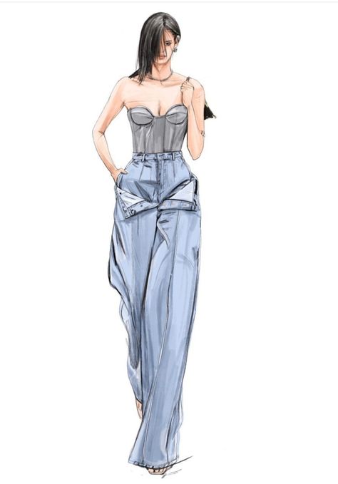 Jeans Outfit Drawing, Denim Fashion Illustration, Wedding Dress Illustrations, Croquis Fashion, Fashion Model Sketch, Greece Fashion, Fashion Illustration Collage, Moda Denim, Fashion Drawing Sketches