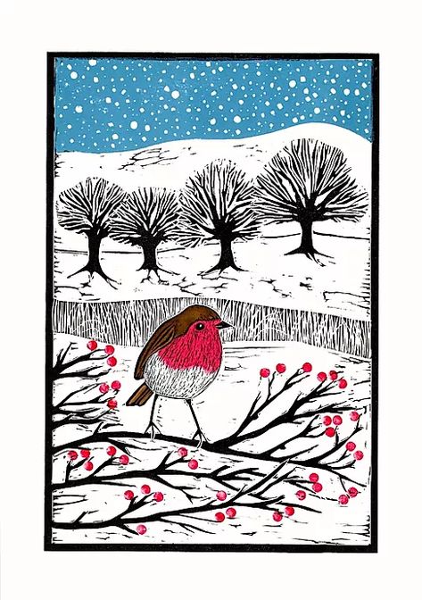 The Robins, Linocut Printmaking, Lino Art, Linocut Art, Number 6, Winter Storm, Lino Print, Robins, Linocut Prints