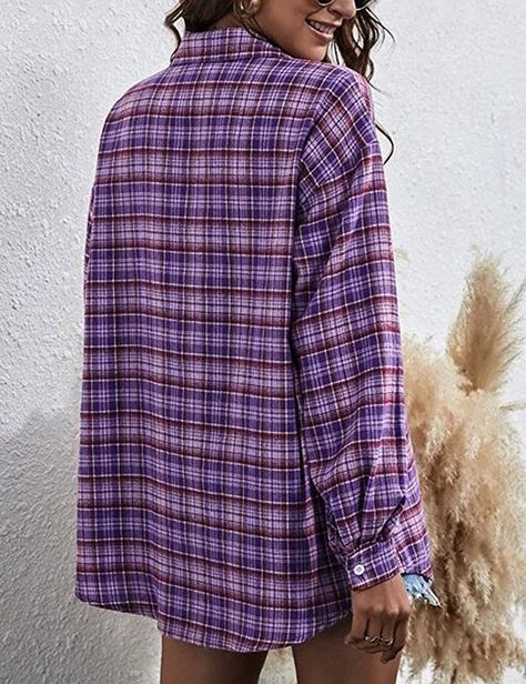 Zontroldy Womens Flannel Plaid Shirt Button Down Long Sleeve Casual Oversized Blouse Tops (0228-Purple-S) at Amazon Women’s Clothing store Pink Flannel Shirt, Purple Plaid Shirt, Womens Flannel, Buffalo Plaid Shirt, Pink Flannel, Womens Flannel Shirt, Flannel Shirts, Flannel Women, Oversized Blouse