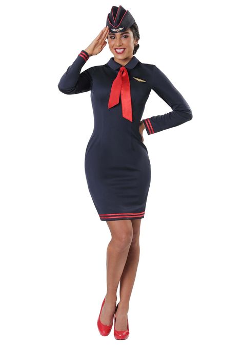 PRICES MAY VARY. Zipper closure Size: Large 100% polyester Dress has back zipper Red ribbon stripes appliqued above hemline & sleeve cuffs Tie red satin scarf as desired Prepare for take off! You'll look first class in this Workin' the Skies Women's Flight Attendant Costume. It's modeled after real-life flight attendants and is guaranteed to make your Halloween a smooth ride. It features a navy-blue sheath dress with red trim and a coordinated red neck scarf, as well as a matching hat with aviat Flight Attendant Outfit, Hostess Uniform, Halloween For Adults, Flight Attendant Costume, Air Hostess Uniform, Airline Attendant, Pilot Costume, Flight Attendant Uniform, Plus Size Costume