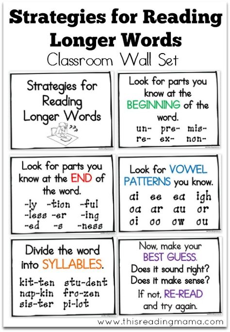 Strategies for Reading Longer Words - classroom wall set - This Reading Mama Reading Recovery, Reading Anchor Charts, Reading Specialist, Longest Word, 4th Grade Reading, 3rd Grade Reading, 2nd Grade Reading, First Grade Reading, Reading Teacher