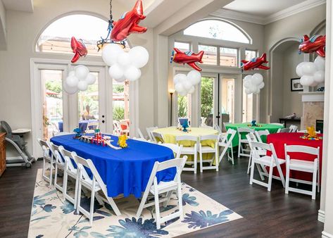 Check out this awesome cars and planes themed birthday party! Love the party decorations! See more party ideas and share yours at CatchMyParty.com #catchmyparty #partyideas #carparty #planeparty #boybirthdayparty #partydecorations Looking To The Sky, Airplane Birthday Party Decorations, Aviation Party, Time Flies Birthday, Planes Birthday Party, Floating Clouds, Transportation Birthday Party, Planes Birthday, Transportation Birthday