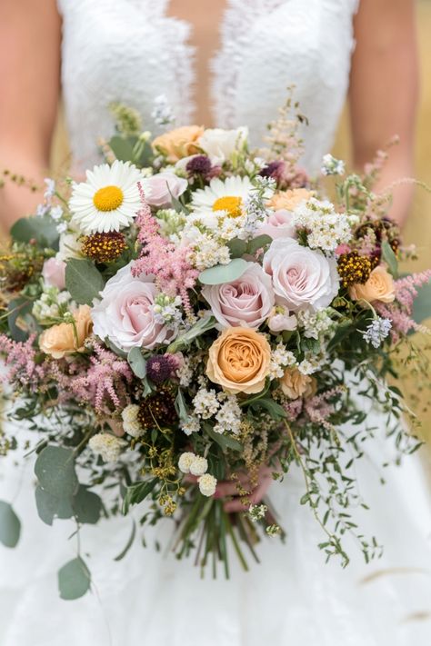 These 30 gorgeous meadow wildflower wedding ideas will inspire you! From bold to understated, there’s a bouquet for every bride. Don’t miss out! #meadowweddingtrends #wildflowercharm #bridalstyle Wooden Wildflower Bouquet, Sage Wildflower Wedding, Summer Wildflower Bouquet Wedding, March Wedding Bouquets, Wedding Palate, Daisy Wedding Bouquet, Daisy Bouquet Wedding, Wildflower Bridal Bouquets, Wild Flower Bouquet