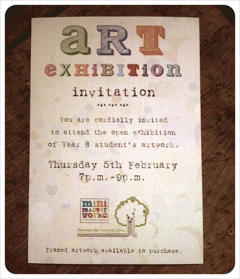 An example of an invite for a school art exhibition with minimasterworks Invitation Card For Art Exhibition, Art Show Invitation, Ideas For School Exhibition, Art Exhibition Invitation Card Design, Craft Exhibition Ideas, Exhibition Invitation Card Design, Creative Art Exhibition, Art Gallery Invitation, Exhibition Invitation Design