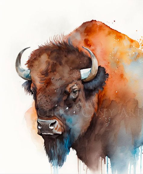 A bison, or American Buffalo, bust/head art print of my watercolor painting. See all the bison art here: https://www.etsy.com/shop/CherylCaseyArt?search_query=bison PRINT DETAILS * Gicleé print from my original watercolor painting. * Directly from my studio. * Inspected, signed, and dated by me. * Printed on heavy, museum quality paper with archival inks. * UNFRAMED. Frames in photos are for illustration purposes only. PAPER * Smooth Matte fine art paper, 192 gsm, archival/museum quality * Water Buffalo Painting Acrylic, Bison Painting Easy, Bison Watercolor Painting, Buffalo Watercolor Painting, Watercolor Western Art, Western Watercolor Paintings, Buffalo Sketch, Bison Drawing, Bison Illustration